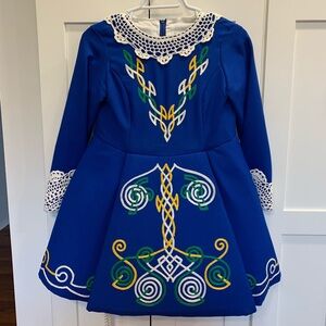 VTG Girls Irish Dance Dress Costume Royal Blue 30” Long Lace Embroidery Cinch